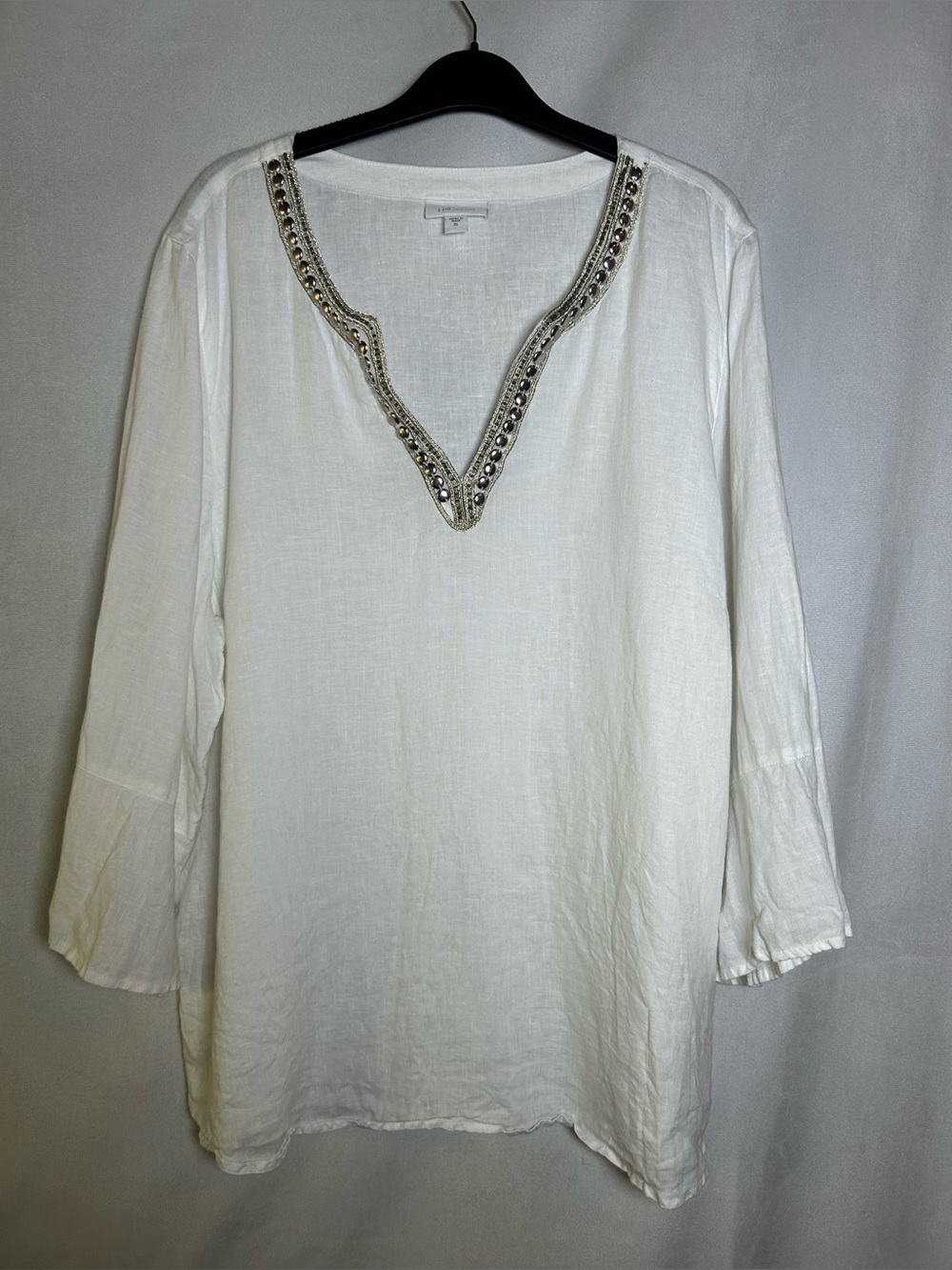 J. Jill "Love Linen" White Embellished V-Neck Tunic Blouse Coastal Beachy Size X